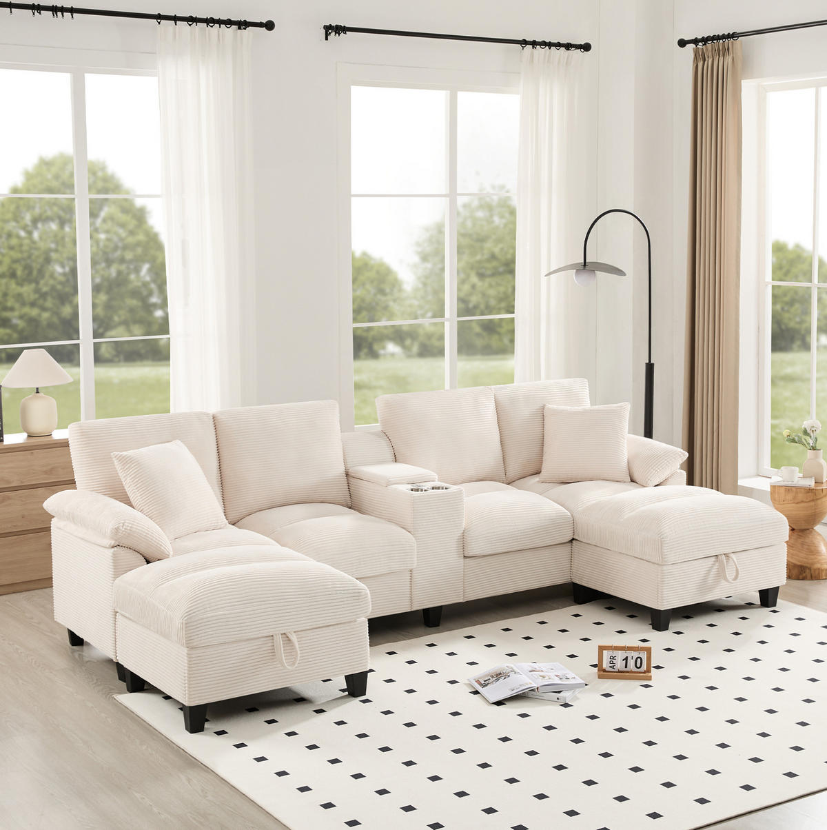 WOHNLANDSCHAFT 293/142/93 cm in Beige mit Stauraum, USB-Anschlüssen und Getränkehalter - Beige, Textil (93/293/142cm) - Flora Grace