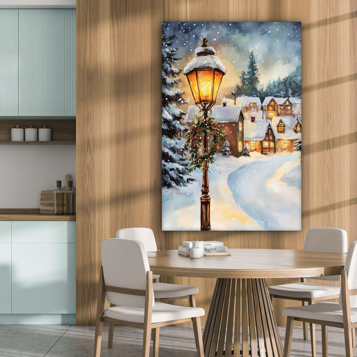 LEINWANDBILD Weihnachtsdorf - Häuser - Schnee - Weihnachten 90x140 cm - Sandfarben, Textil (90/140cm) - MuchoWow