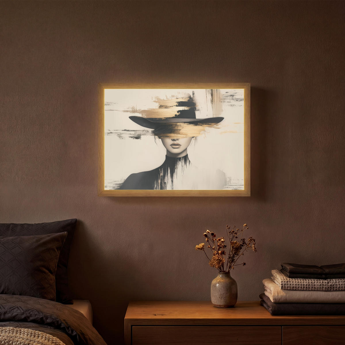 NÁSTĚNNÁ LAMPA S AKUMULÁTOREM Žena - klobouk - barva 40x30 cm - krémová, kompozitní dřevo (40/30/8cm) - OnlyWow