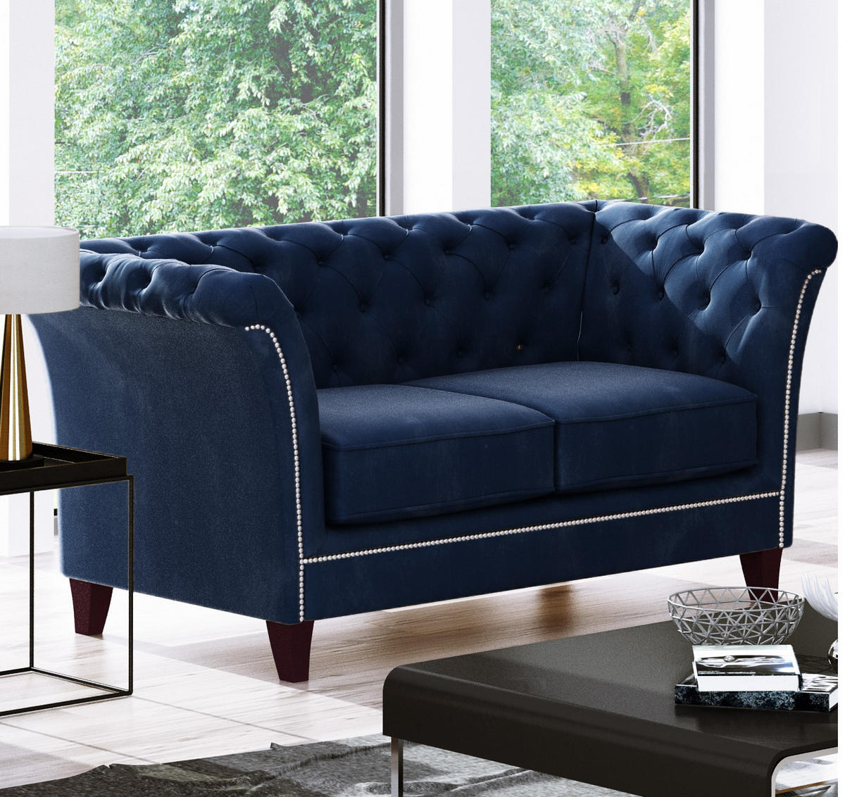 SITZGARNITUR 3+2+1 Chesterfield Fusion Blau Samt - Blau/Braun, Holz/Textil (237/75/82cm) - S-Style Möbel