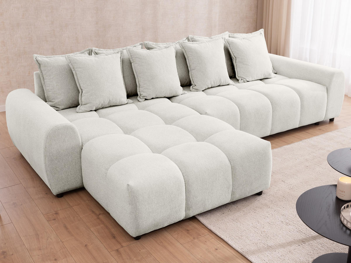 ECKSOFA Bubble mit losen Rückenkissen und Sitzfläche in Bubble-Optik aus weichem Creme Strukturstoff mit schöner Sitzkomfort - Ottomane links - Creme/Schwarz, Holz/Kunststoff (180/306cm) - S-Style Möbel