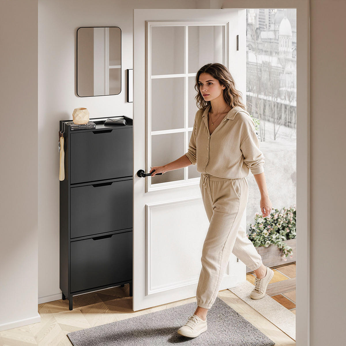 SCHUHSCHRANK 3 Türen Schwarz 50x19x131cm Modern - Schwarz, Holzwerkstoff (19/131/50cm) - SoBuy