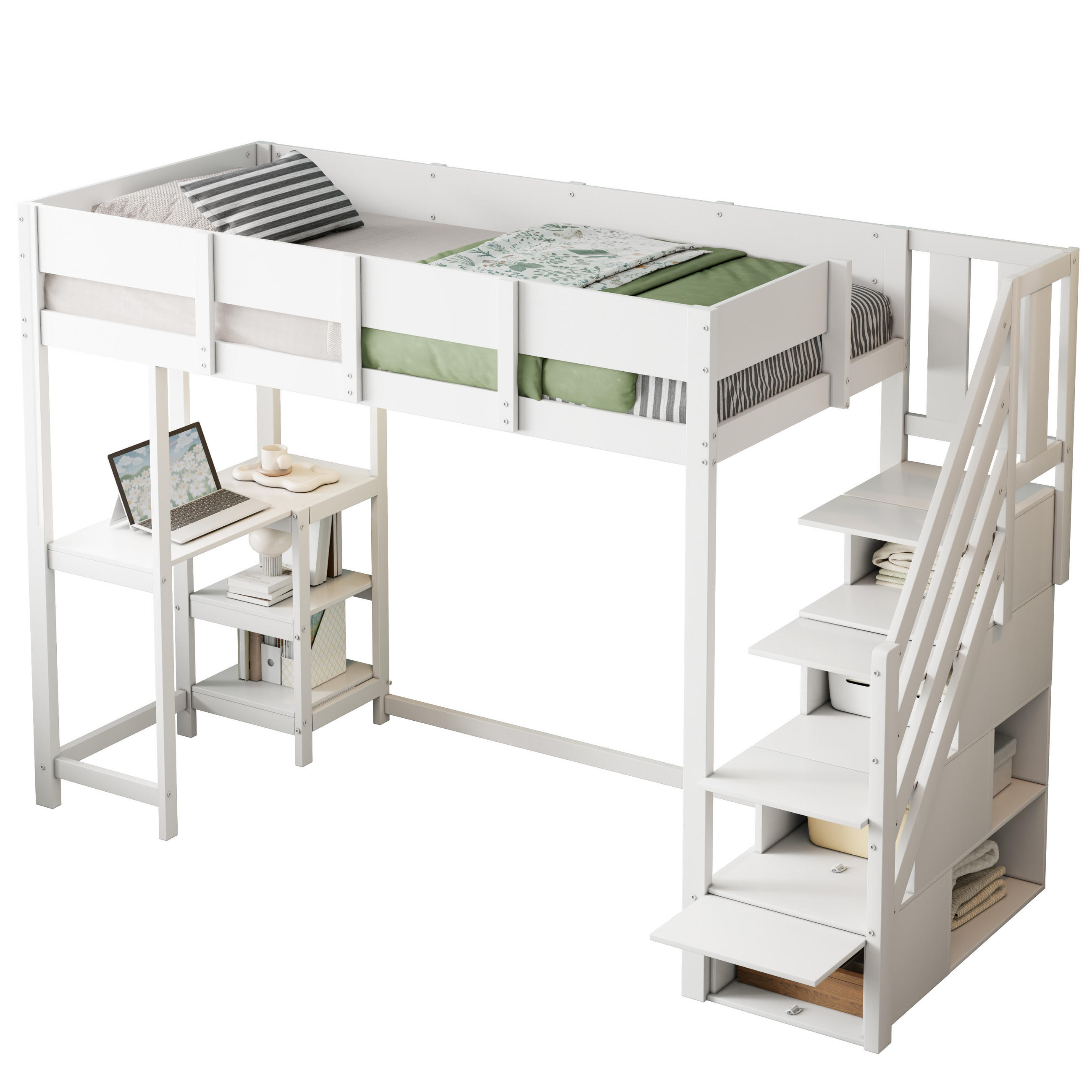 HOCHBETT 90/200 cm aus massivem Kiefernholz mit Stauraum und Ablage - Weiß, Holz (90/200cm) - OKWISH