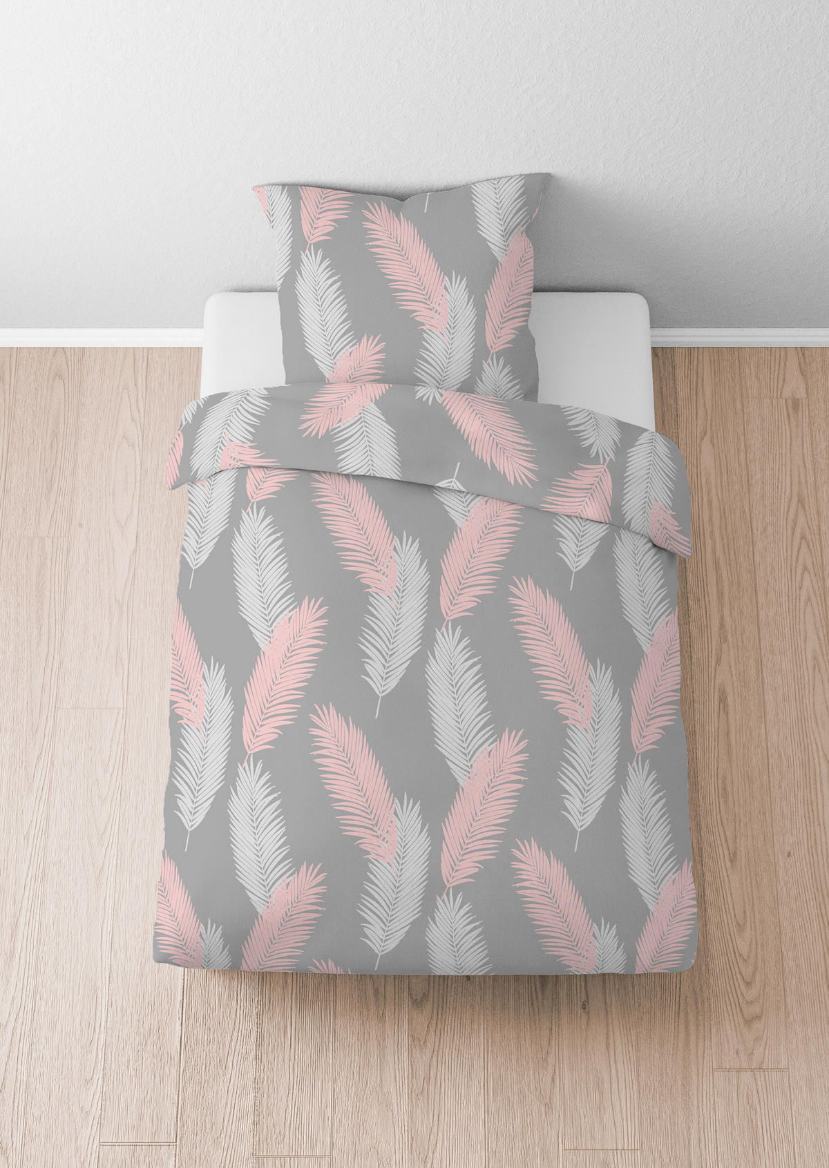 BETTWÄSCHE-GARNITUR Mikrofaser Palmblätter sturmgrau, 135x200 cm + 80x80 cm - Grau, Textil (135/200cm) - Castell