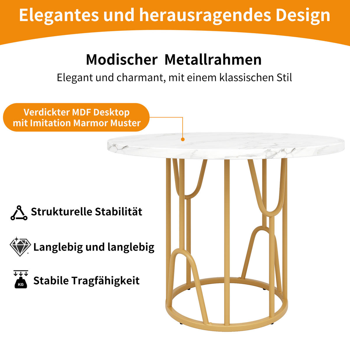 ESSTISCH SET mit rund 1 Tisch Marmoroptik & 4 Stoffstühle Beige - Weiß, Holzwerkstoff/Textil (110/74/65cm) - Urban Meuble