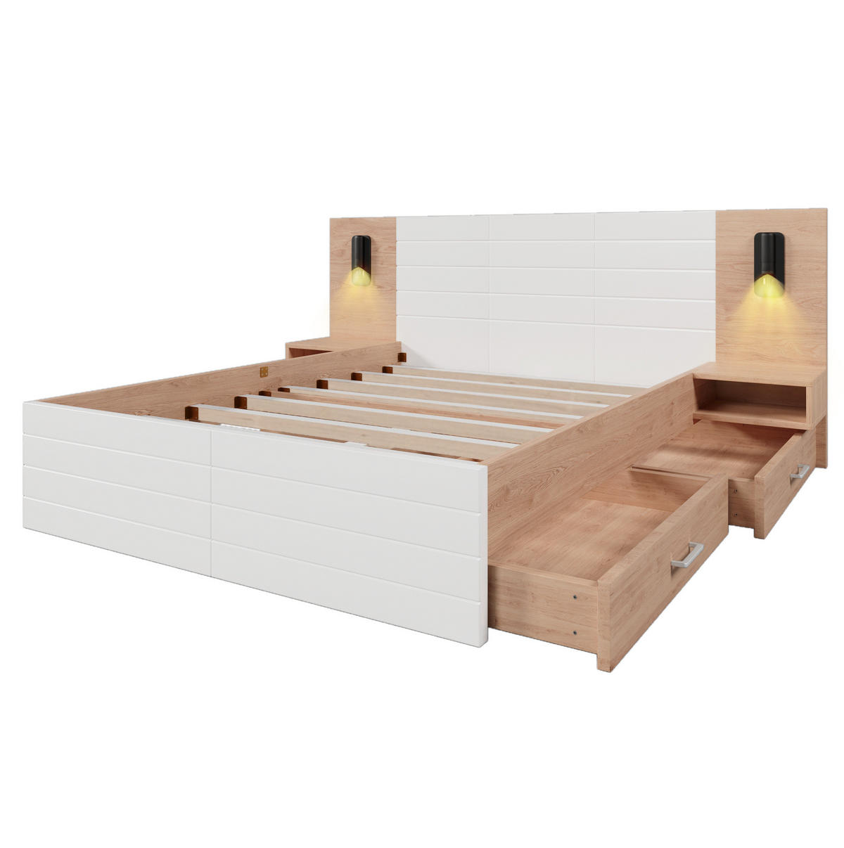 BETT 140/200 cm in Weiß/Eiche mit Leselicht, USB-Anschluss und 2 Schubladen - Weiß, Holzwerkstoff (140/200cm) - Flora Grace