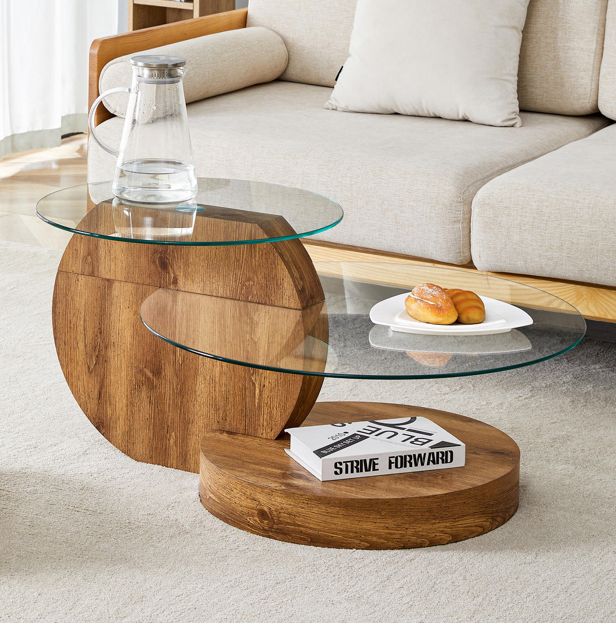 COUCHTISCH aus MDF und Glas Ø49,8 & 69,8 cm in Naturfarben mit Ablageflächen - Naturfarben, Glas (89.9/89.9/43.2cm) - Modfu