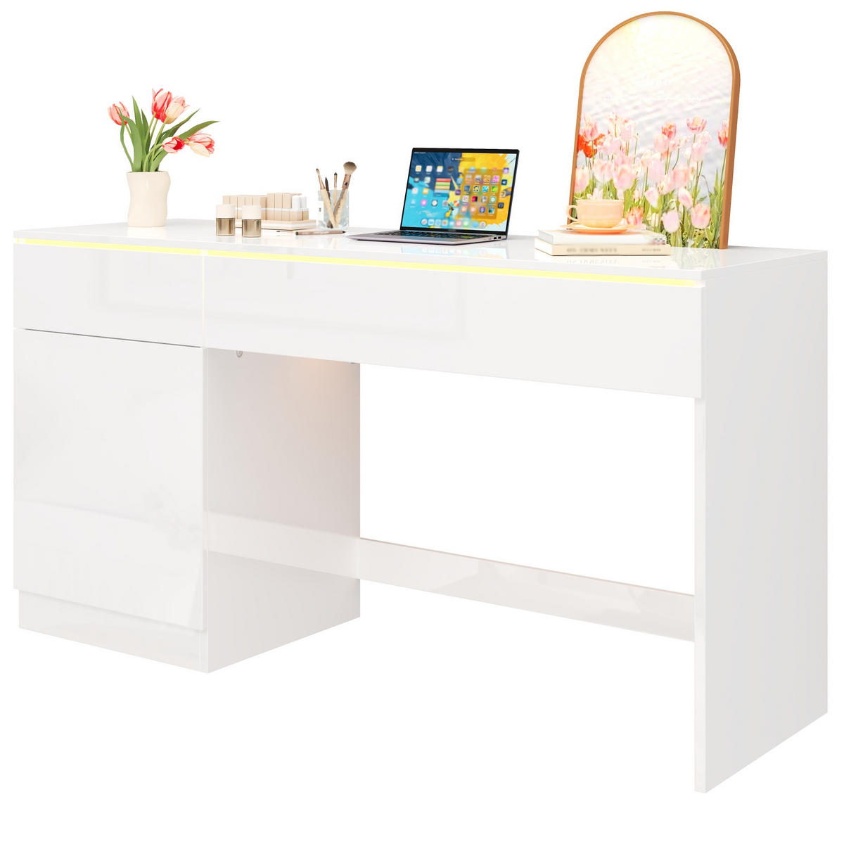 SCHREIBTISCH Weiß Hochglanz 120/50/78 cm mit LED-Beleuchtung und Schubladen - Weiß, Holzwerkstoff (50/120/78cm) - PANGIVO