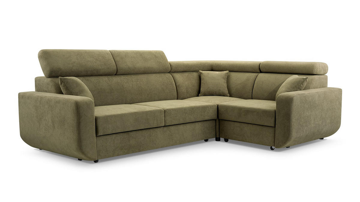 ECKSOFA RENO Grün Plüsch-Stoff mit Schlaffunktion - Grün, Holz (263/184cm) - MASSENO