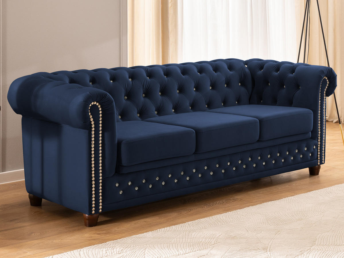 CHESTERFIELD-SOFA 3-Sitzer mit Schlaffunktion Cleo Blink Marineblau Samt mit Kristallsteppung und braunen Massivholzfüßen - Blau/Braun, Holz/Textil (203/72/86cm) - S-Style Möbel