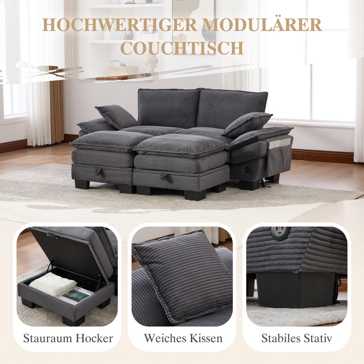 2-SITZER SOFA Cord Dunkelgrau mit 2 Hocker, USB-C und Seitentaschen - Dunkelgrau, Holzwerkstoff/Kunststoff (190/84/132cm) - WISHDOR