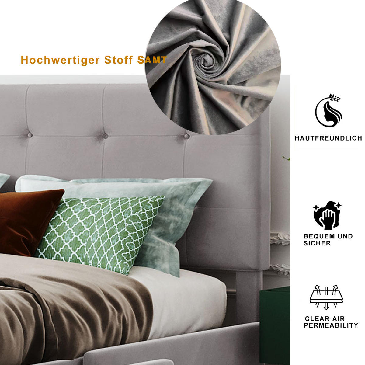 POLSTERBETT 140/200 cm in Grau mit 4 Schubladen - Grau, Textil (140/200cm) - Homcomodar