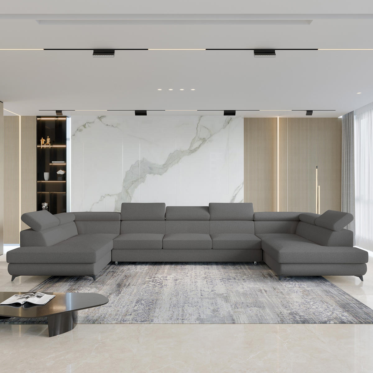 ROHOVÁ SEDAČKA URMANO šedá - šedá/černá, kov/dřevo (395/190cm) - MASSENO