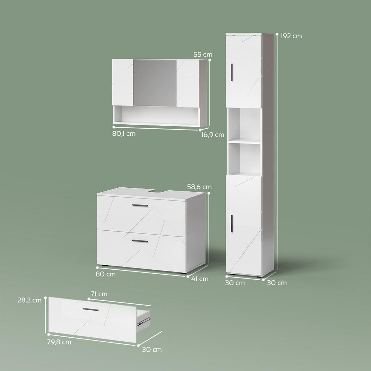 BADMÖBEL-SET Ronco Weiß Hochglanz 3 Teile, mit Spiegelschrank 80 cm - Weiß Hochglanz/Weiß, Holzwerkstoff (41/80/58cm) - Livinity®