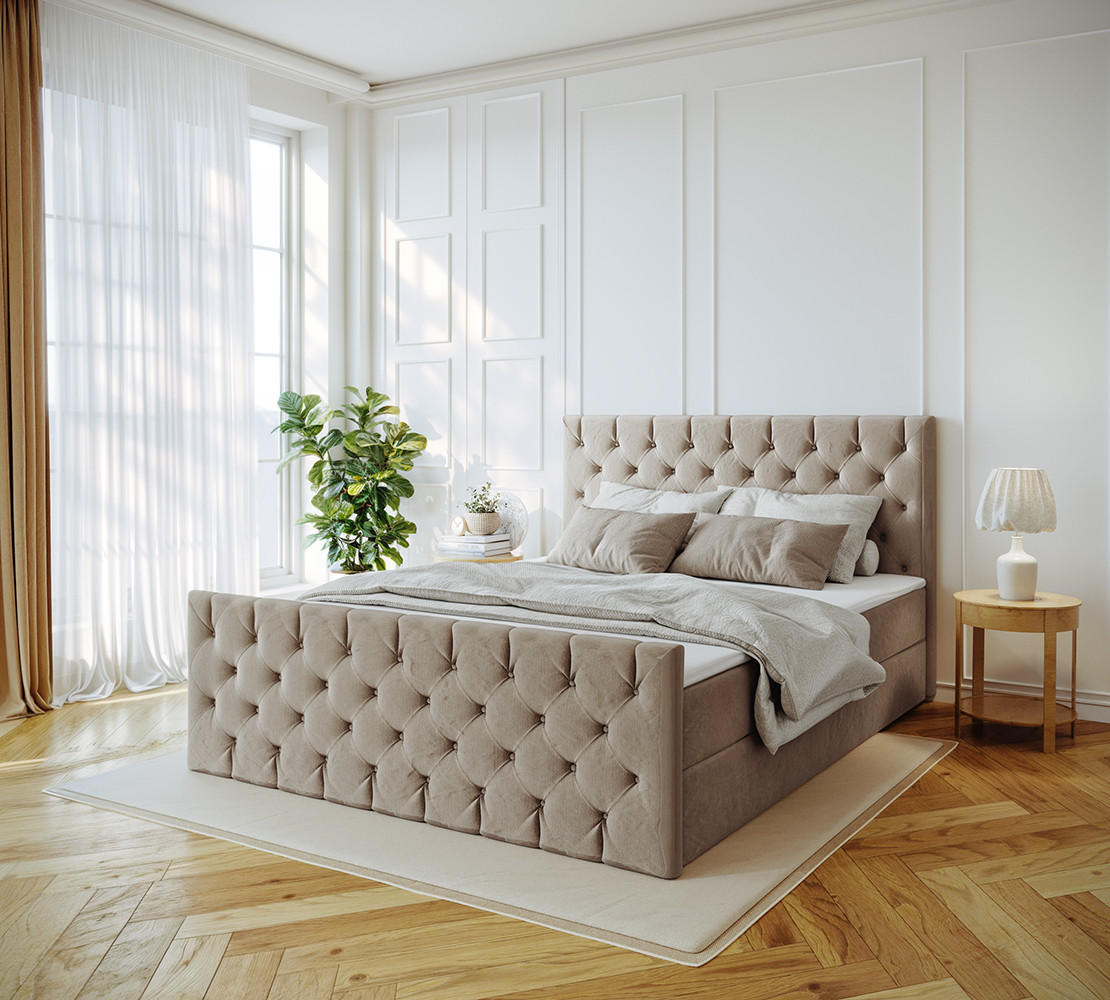KONTINENTALBETT Mars Mit Bettkasten Stoff Riviera Biscut 200x200 cm - Sandfarben, Holz (200/200cm) - Kaiser Möbel