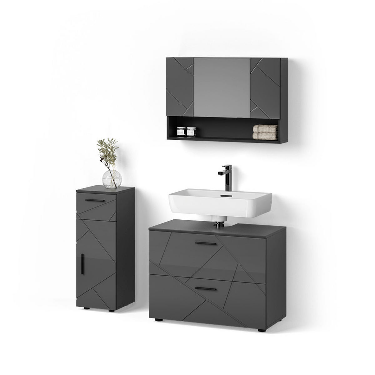 BADMÖBEL-SET Ronco Anthrazit Hochglanz 3 Teile, mit Schubladenschrank und Midischrank - Anthrazit, Holzwerkstoff (41/80/58cm) - Livinity®