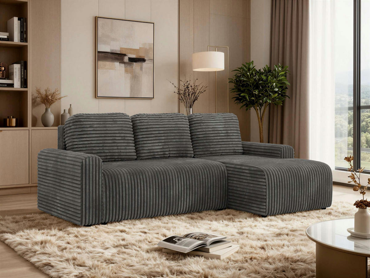 ECKSOFA NESSARO L Grau Cord - Rechts Seite - Schwarz/Grau, Kunststoff/Textil (151/244cm) - MKS