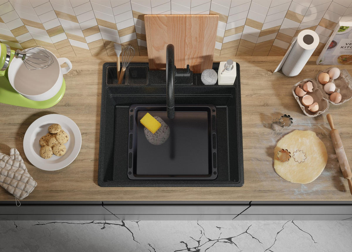 SPÜLBECKEN New York, 2-er set Anthrazit 58/53 cm 1 Becken + Ablauf-Set + Küchenzubehörset ab 60er Unterschrank - Chromfarben/Anthrazit, Kunststoff (58/20/53cm) - Primagran