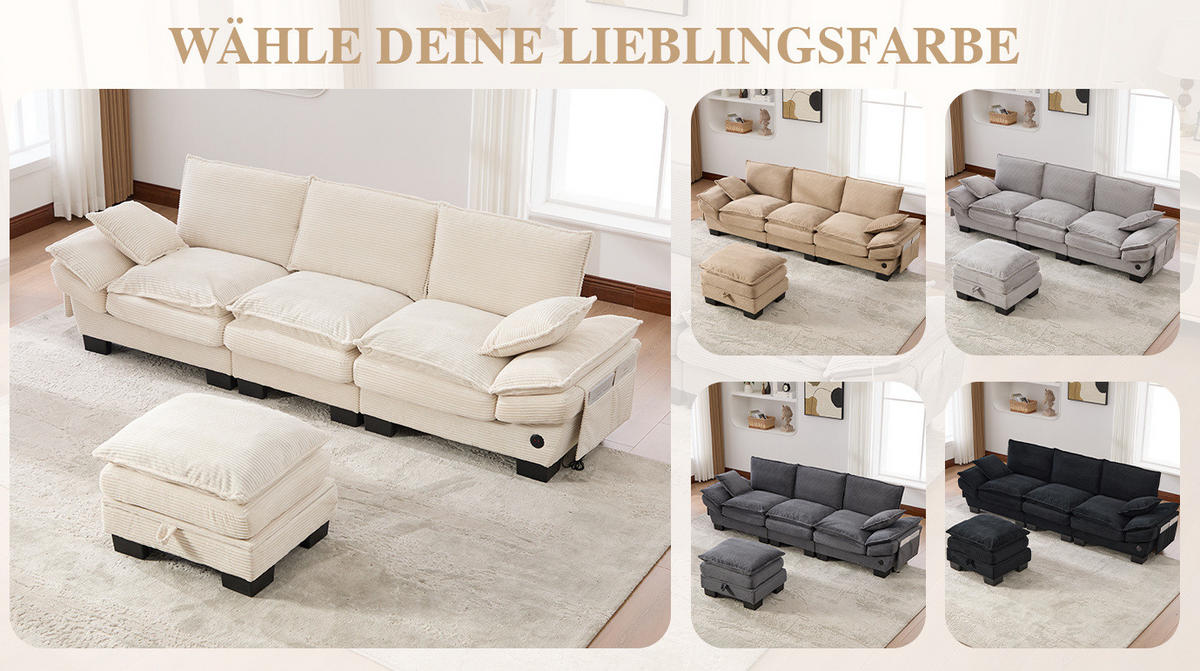 3-SITZER aus Cord 260x132x84 cm in Beige mit USB-C & Seitentaschen - Beige, Textil (132/84/260cm) - Modfu