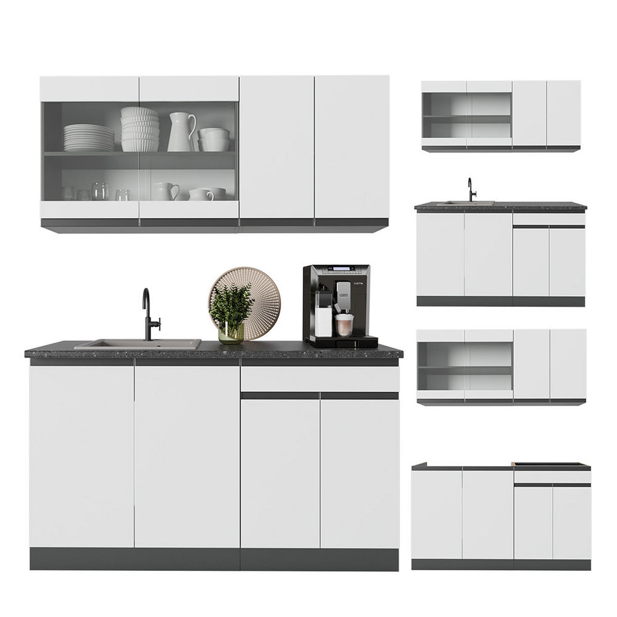 SINGLEKÜCHE R-Line Weiß/Anthrazit 140 cm J-Shape - Anthrazit/Weiß, Holzwerkstoff (140/81.6/46cm) - Vicco