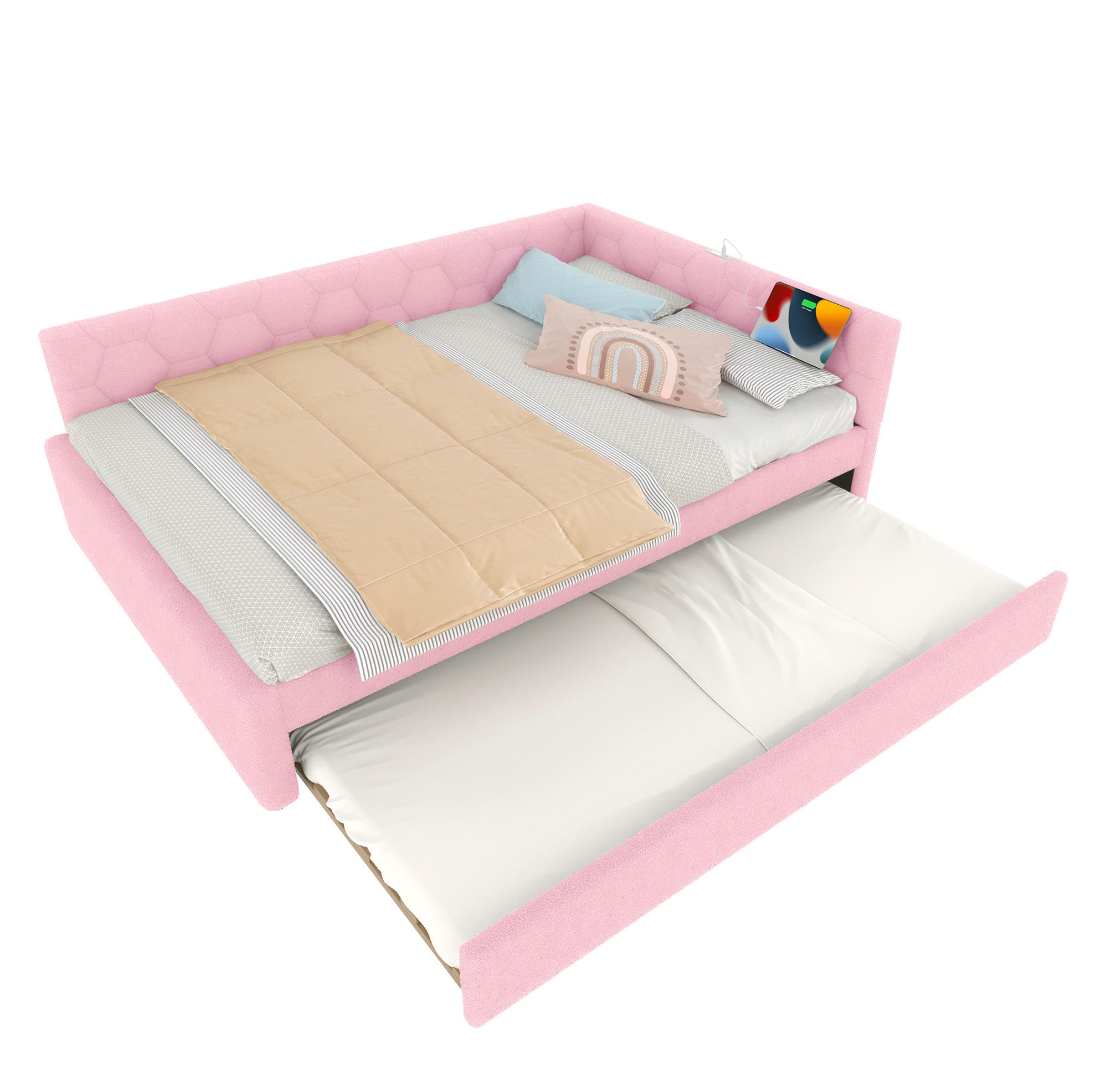BETT 140/200 cm Rosa mit Ausziehbett und USB- und Type-C-Anschlüssen - Rosa, Textil (140/200cm) - Flora Grace