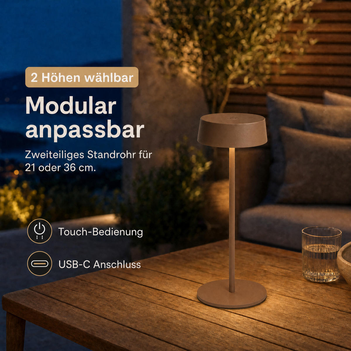 LED-TISCHLEUCHTE - dimmbar, kabellos, IP54, Metallgehäuse, für Innen- und Außenbereich, braun, höhenverstellbar - Braun, Metall (13.5/13.5/36cm) - Northpoint
