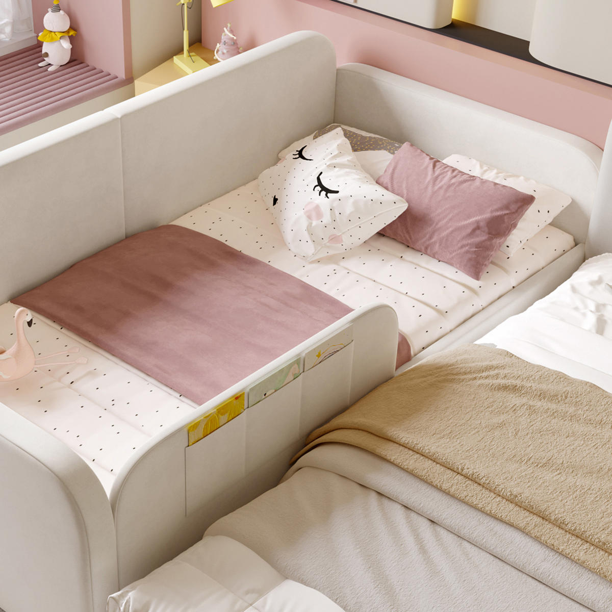 KINDERBETT 90/200 cm in Weiß mit 2 Schubladen und Taschen Samt - Weiß, Holzwerkstoff/Textil (90/200cm) - CHICFURN