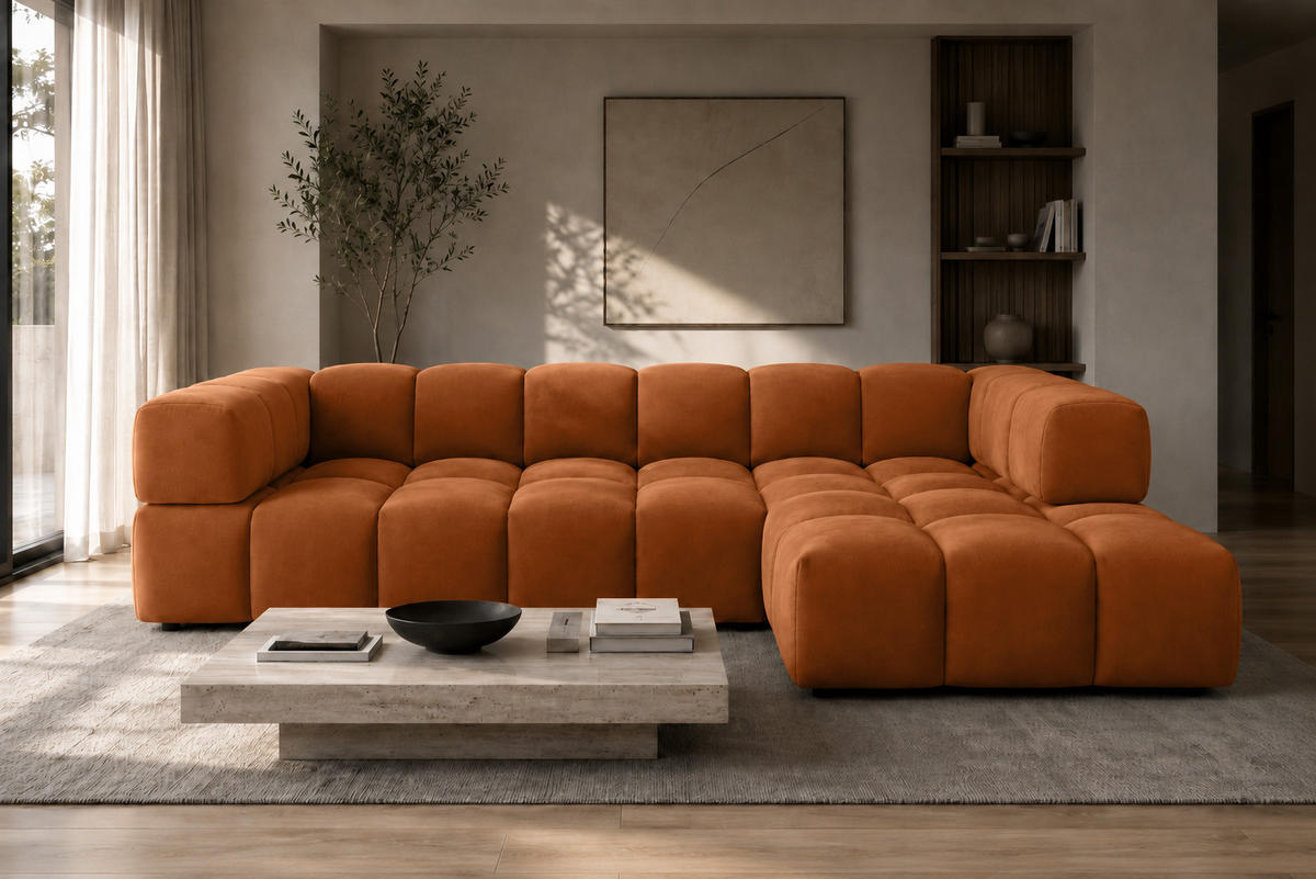 ECKSOFA L-Form, Veloursstoff Bluvel, Zimtfarbe, Rechts, Averro XL - Orange, Holz (320/150cm) - Kaiser Möbel