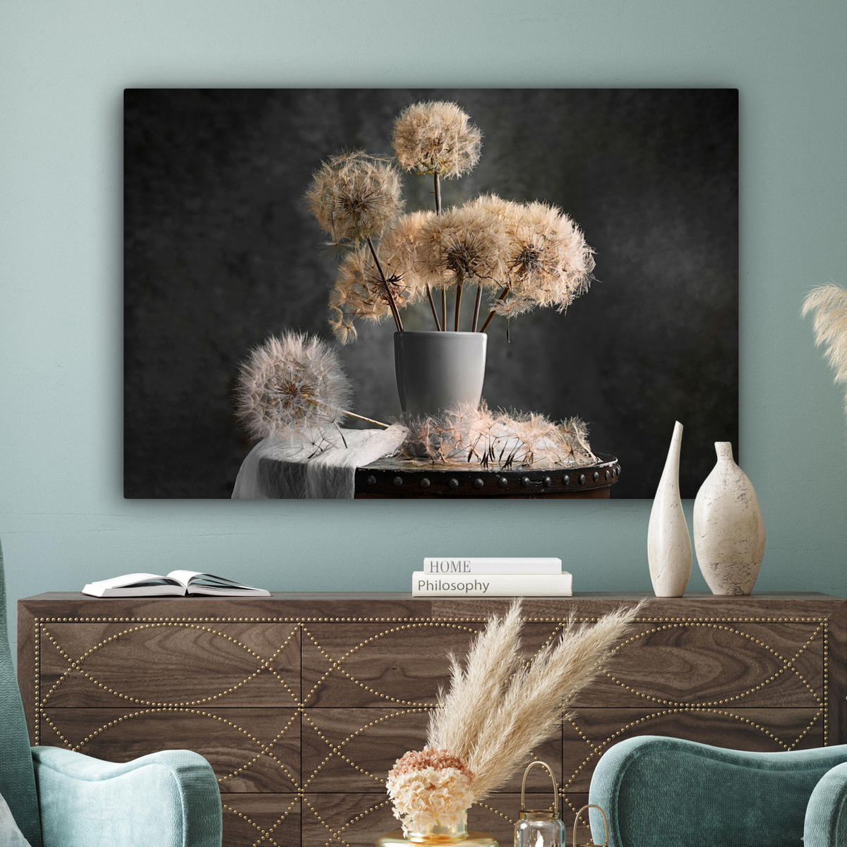 LEINWANDBILD Blumensamen - Löwenzahn - Vase - Stilleben - Blumenstrauß XXL 150x100 cm - Dunkelgrau, Textil (150/100cm) - MuchoWow