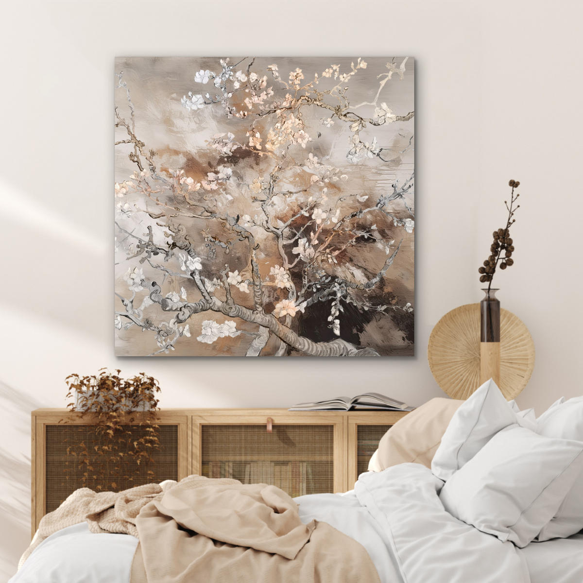 KOVOVÝ OBRAZ Mandľový kvet - Umenie - Van Gogh - Béžová - Abstraktné 90x90 cm - hnedá, kov (90/90cm) - MuchoWow