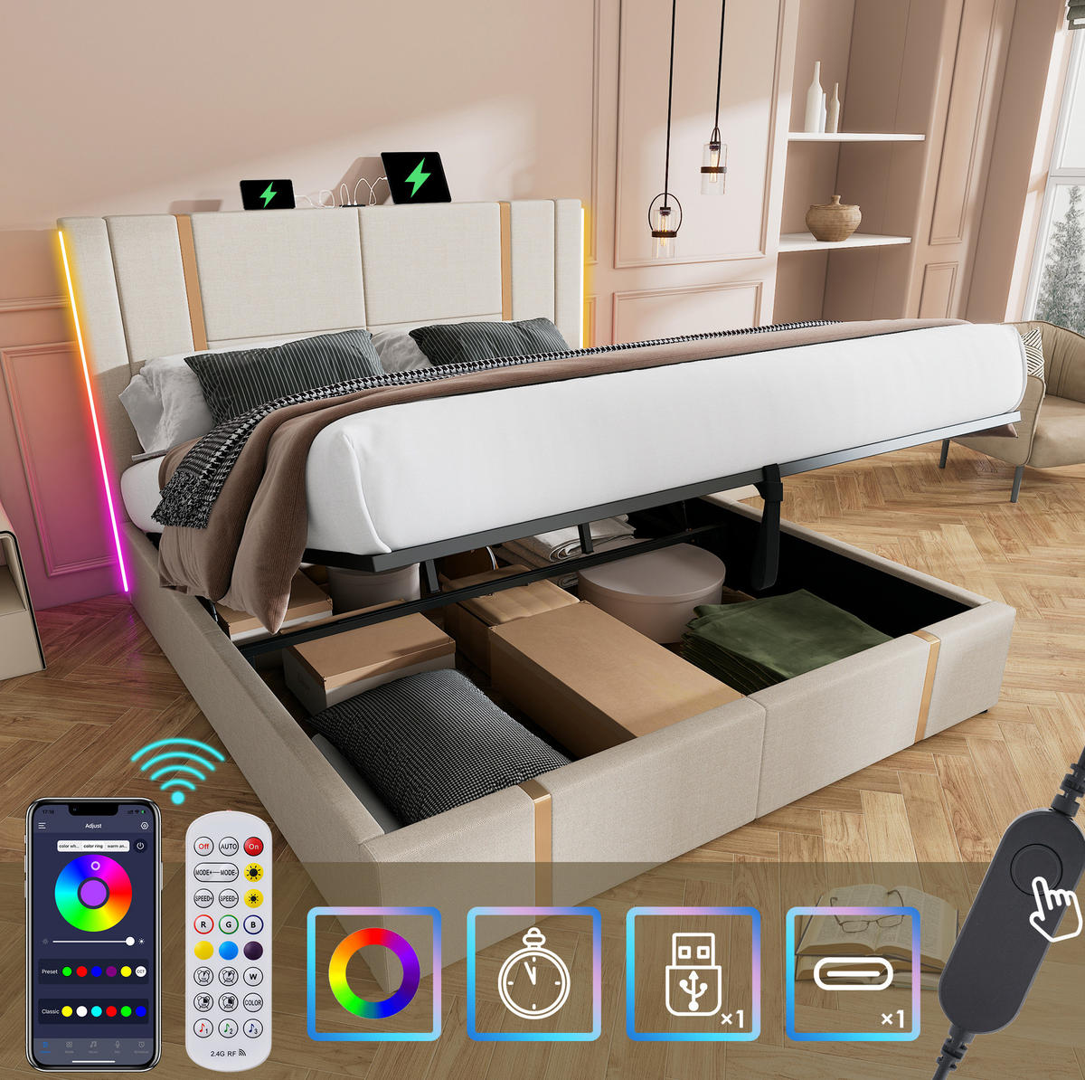 POLSTERBETT 160/200 cm Beige aus Leinen mit Stauraum und LED - Beige, Textil (160/200cm) - OKMYHOME
