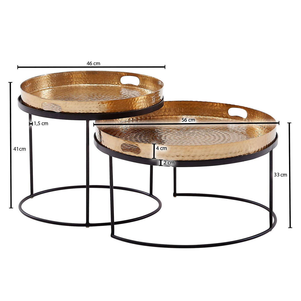 COUCHTISCH 2er Set Aluminium Hammerschlag Handgefertigt, Gold 56x56x33 cm - Goldfarben/Schwarz, Metall (56/56/33cm) - KADIMA DESIGN