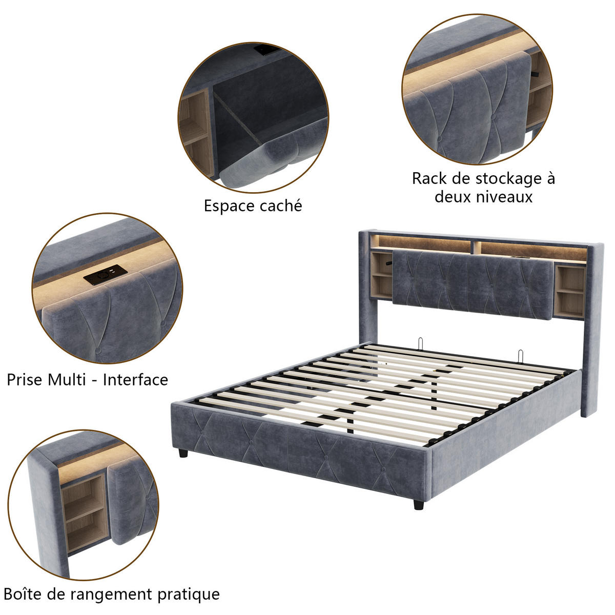 POLSTERBETT 140x200 cm, Grau, mit USB & Type-C, Lattenrost, Stauraumbett mit LED, Samt, Doppelbett - Grau, Textil/Metall (140/200cm)