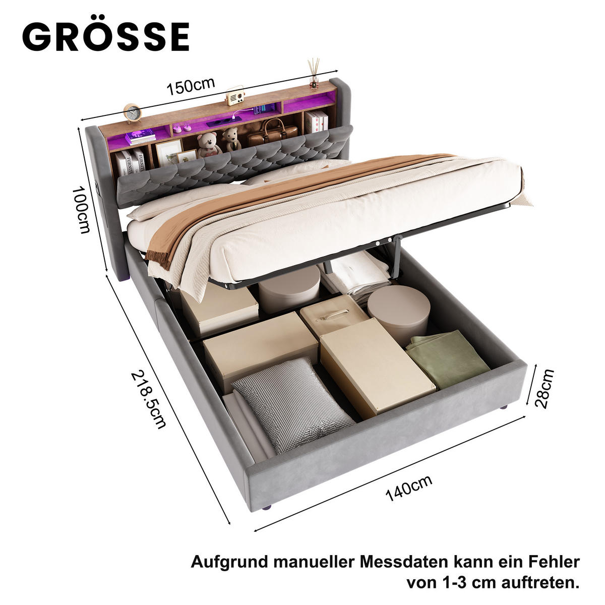 POLSTERBETT 140/200 cm mit hydraulischem Bettkasten, Schubladen, Klappbares Kopfteil, LED-Beleuchtung, Grau - Grau, Textil (140/200cm) - Redom
