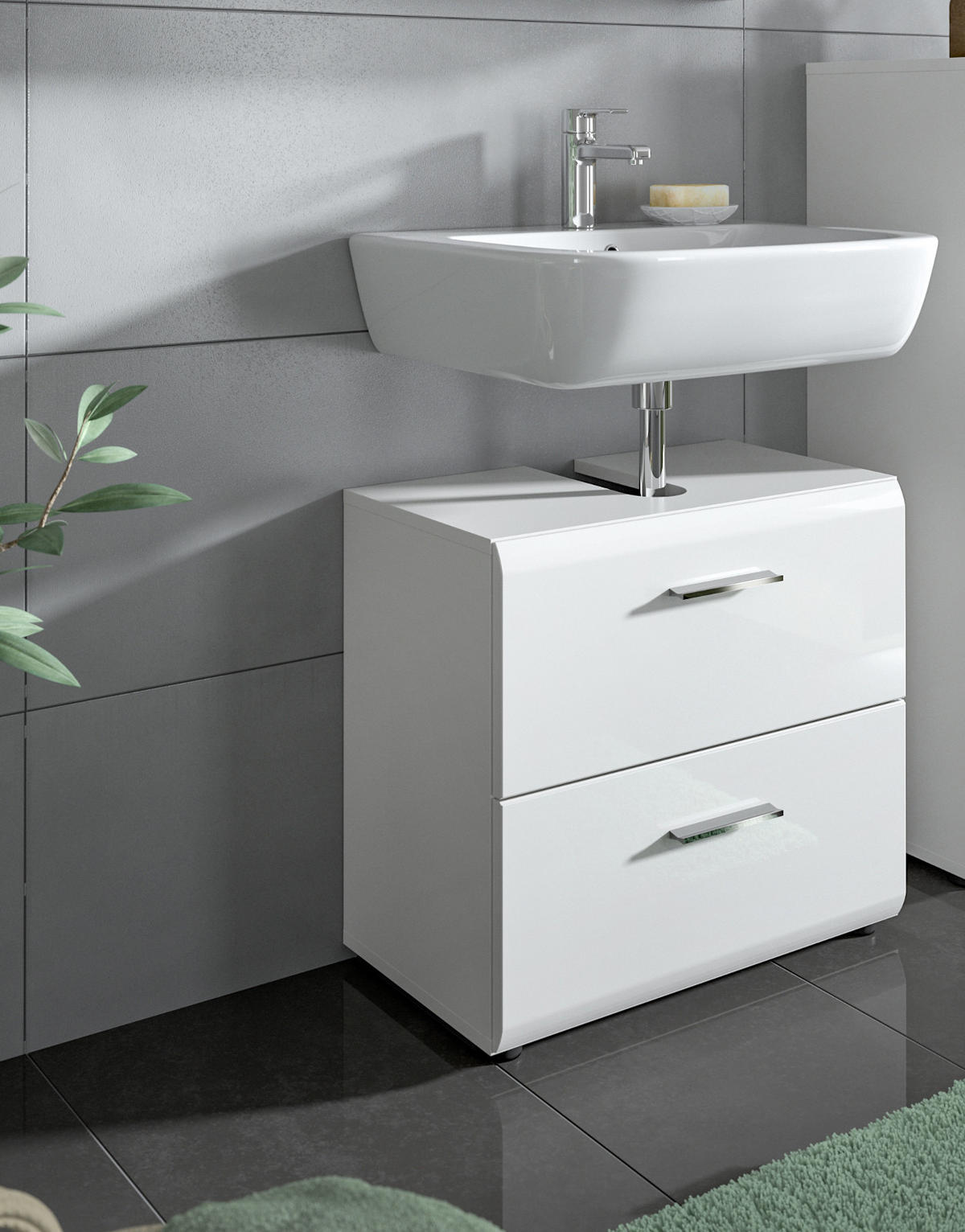 WASCHBECKENUNTERSCHRANK weiß Hochglanz, Badezimmer Unterschrank 60 cm - Weiß Hochglanz/Schwarz, Holzwerkstoff/Kunststoff (60/54/30cm) - Inn.Furn