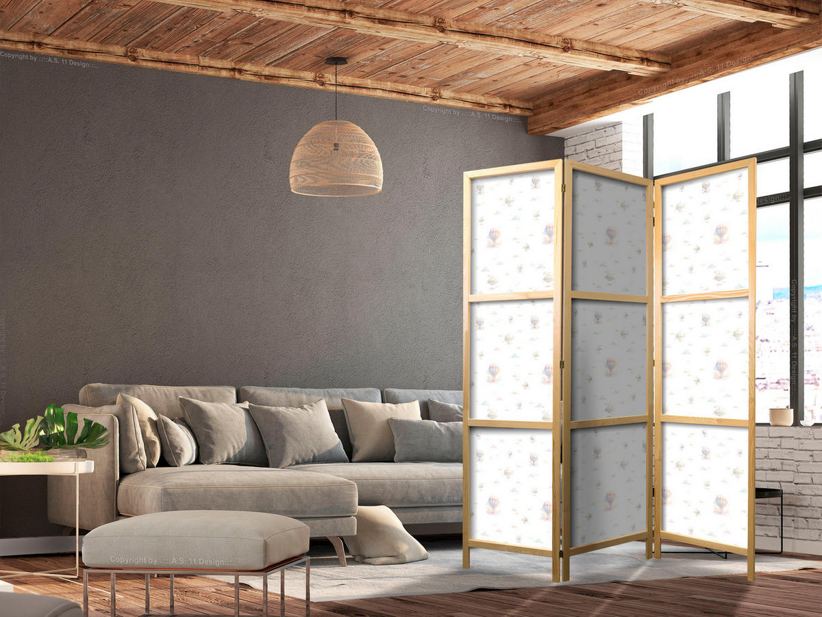 PARAVENT Japanischer 3-tlg 135x172 cm Luftballons Und Wolken - Weiß, Holz/Textil (135/172/3cm) - Muralo