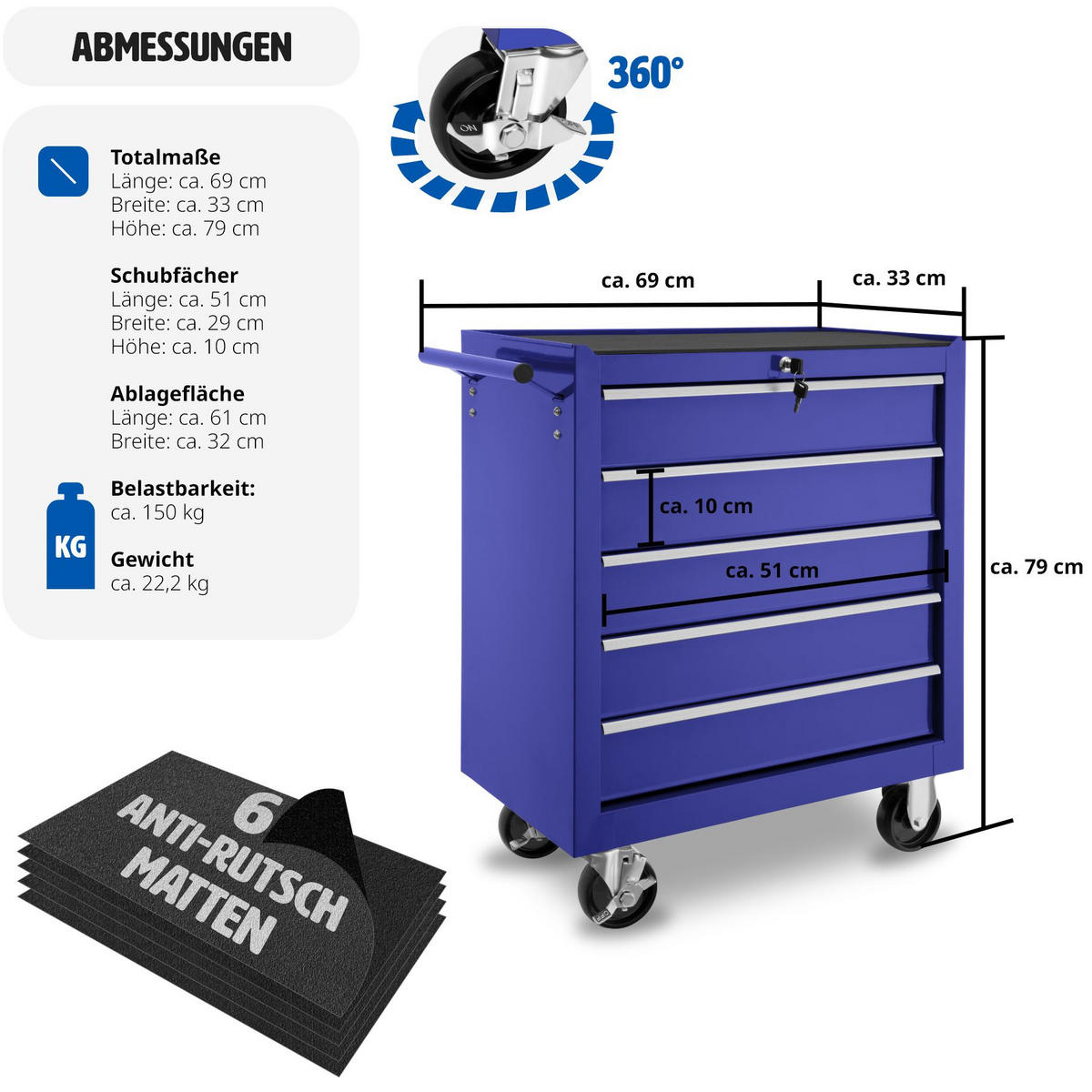 WERKZEUGWAGEN ,Rollen Ø 100 mm,blau - Blau, Metall (33/79/69cm) - tectake