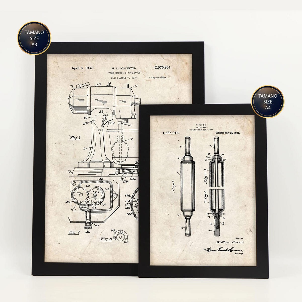 POSTER Set Mit 6 Plakaten Mit Küchengeräte Patenten Im Vintage Stil A3 & A4 Schwarzer Rahmen - Schwarz, Papier (29/3cm) - Nacnic