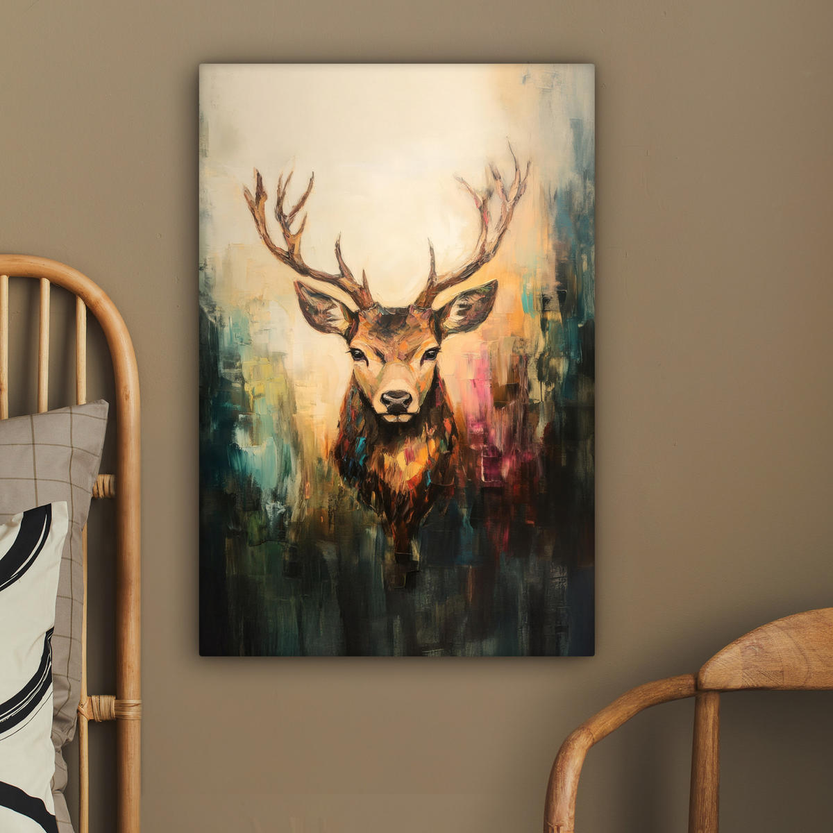 LEINWANDBILD Hirsch - Gemalt - Geweih - Braun 60x90 cm - Haselnussfarben, Textil (60/90cm) - MuchoWow