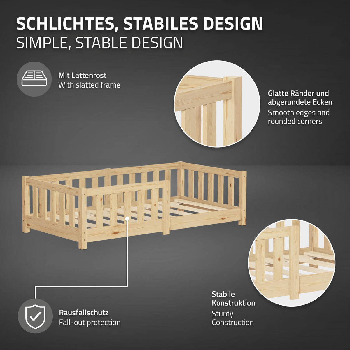 KINDERBETT 70x140 cm Natur aus Kiefernholz - Naturfarben, Holz (70/140cm) - ML-DESIGN
