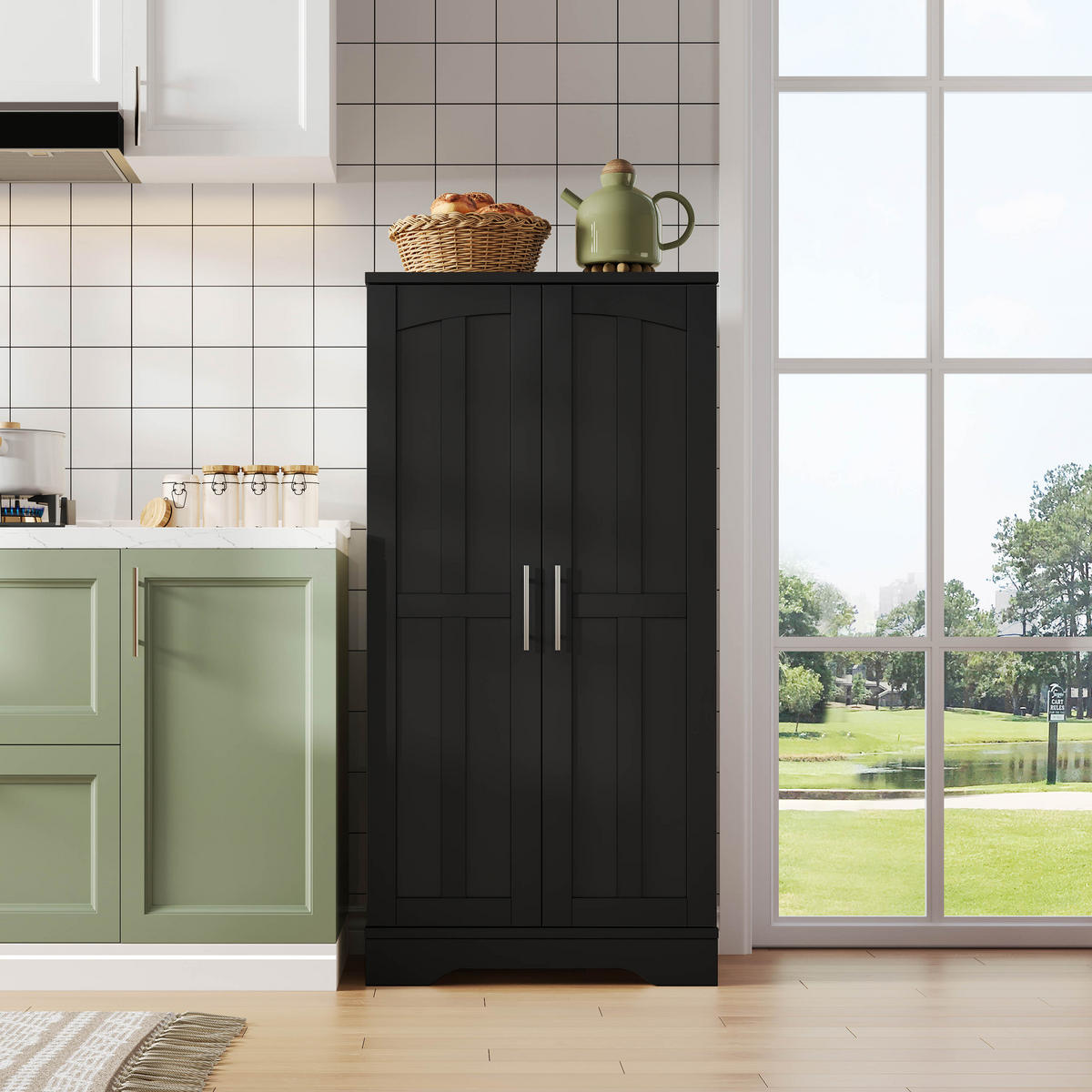 KÜCHENSCHRANK Schwarzer aus MDF mit 3D-Wellentüren & Sensor-LED 60 × 40 × 120 cm - Schwarz, Holzwerkstoff (60/120/40cm) - Luhomfu