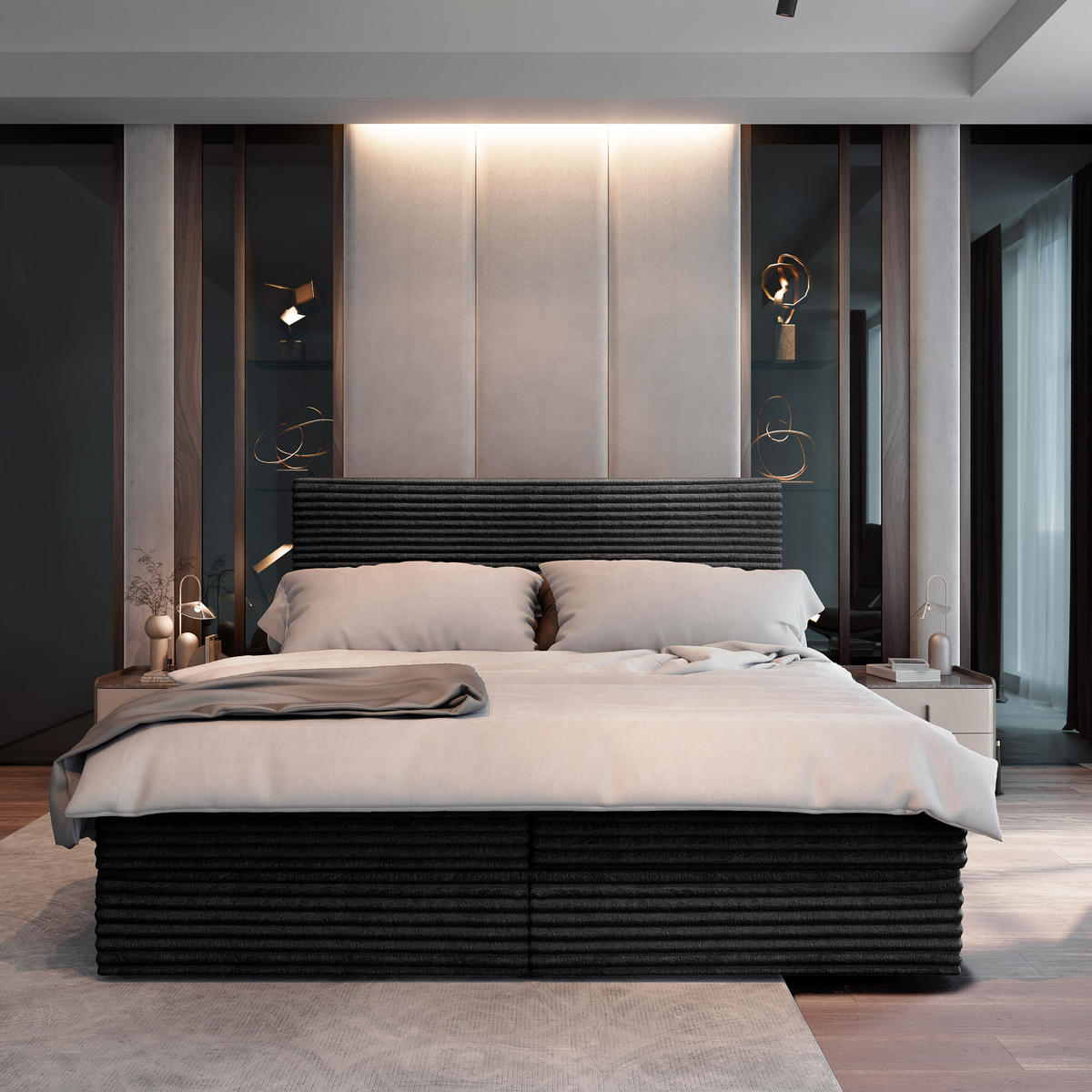 BOXBETT PISA 180x200 cm mit Matratze und Topper - Schwarz - Schwarz, Holz (180/200cm) - MASSENO