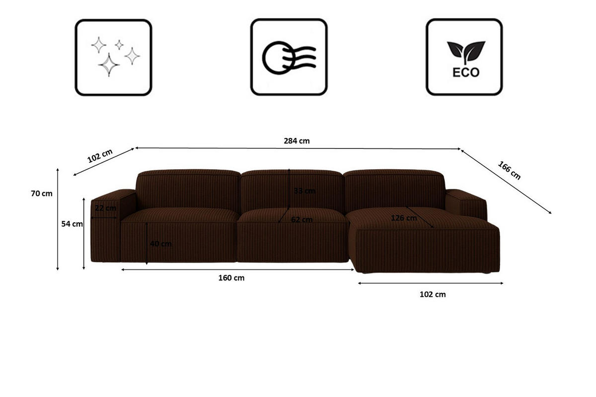 ECKSOFA Cursal L-Form, Stoff Poso, Braun, Rechts - Braun, Holz (284/166cm) - Kaiser Möbel