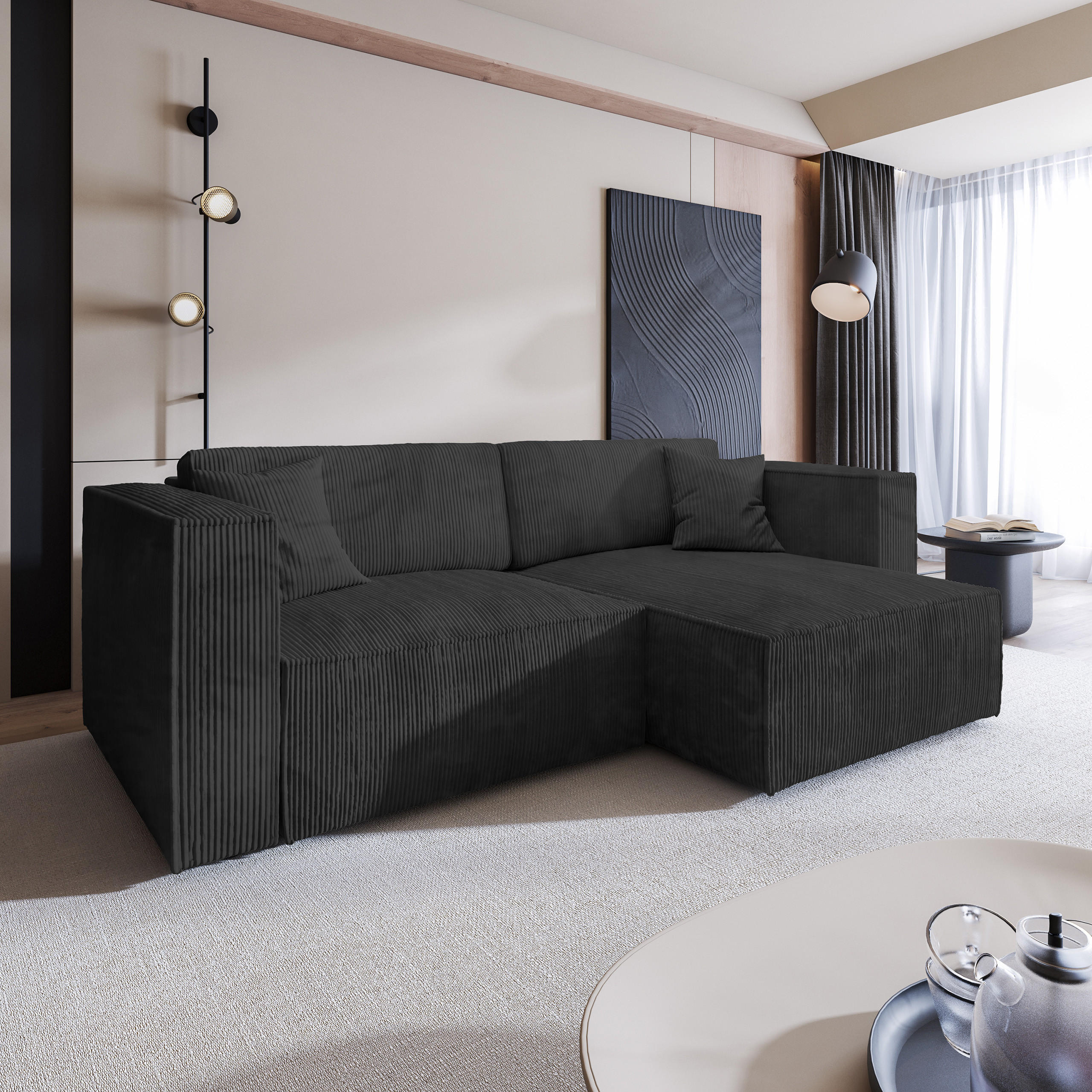 ECKSOFA NERIO P Schwarz Kordstoff mit Schlaffunktion - Schwarz, Holz (245/148cm) - MASSENO