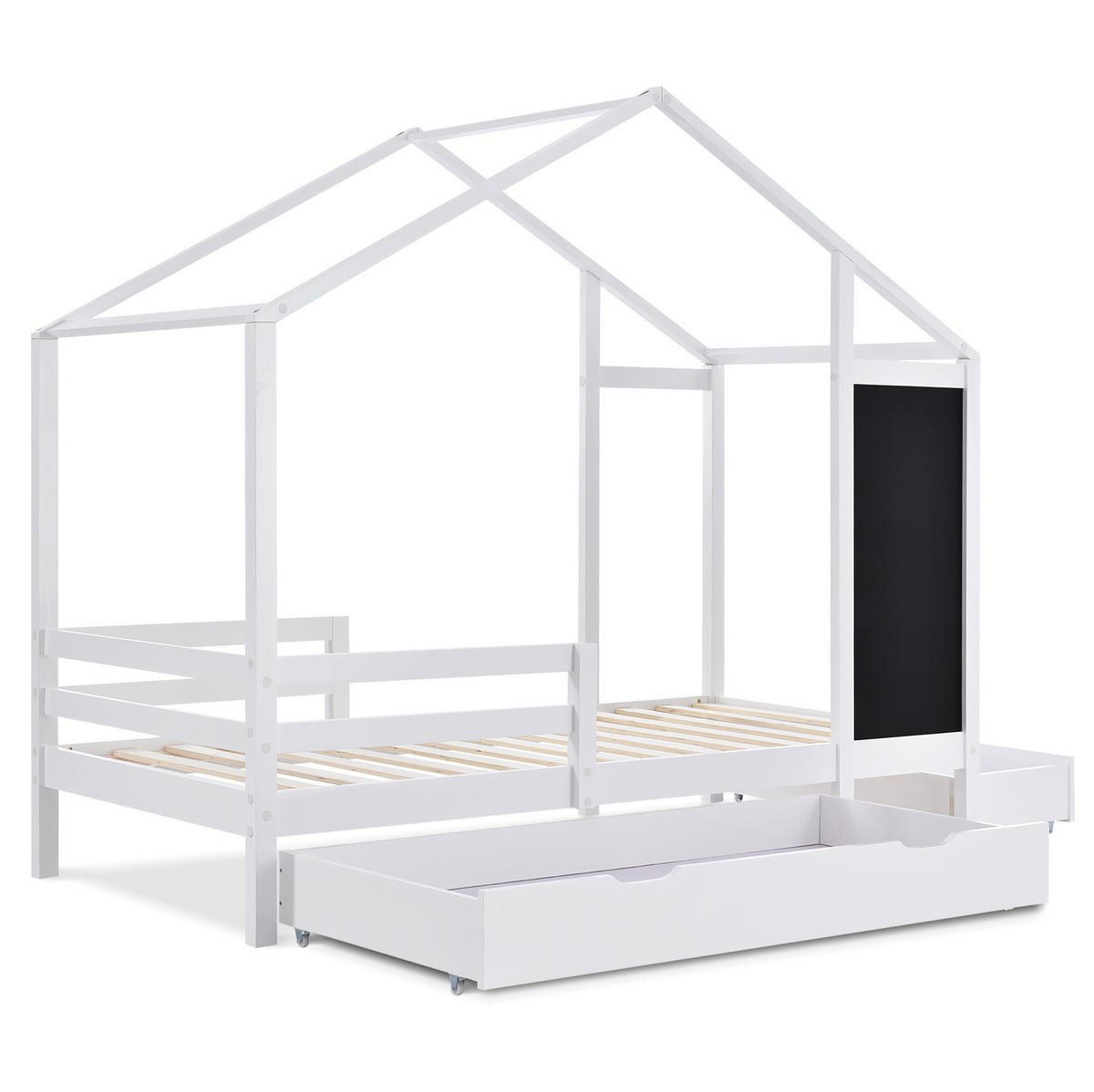 KINDERBETT 90/200 cm mit Tafel, 2 Schubladen und dreiseitigem Rausfallschutz aus Massivholz, Weiß - Weiß, Holz - Redom