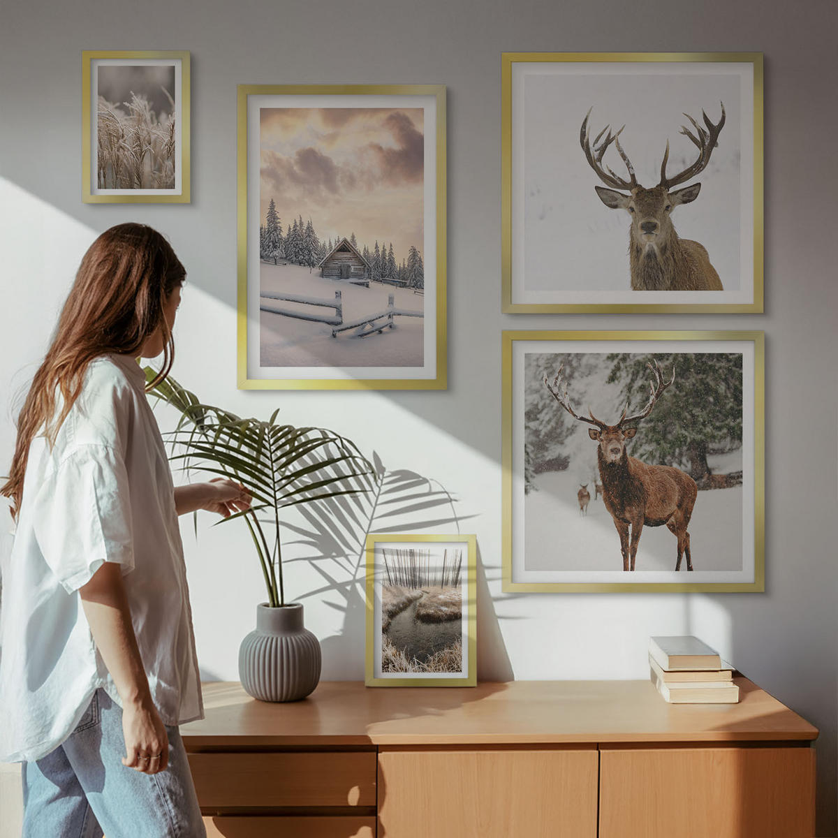 BILDER SET 5er Set - 50x50 cm & 20x30 cm & 40x60 cm Goldrahmen - Winterlandschaft mit Hirschen - Goldfarben, Kunststoff (40/60cm) - TULUP