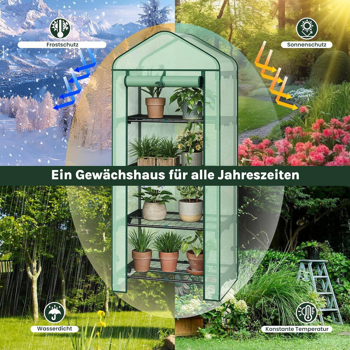 GEWÄCHSHAUS mit Rollen, Foliengewächshaus mit 4 Regalen - Grün, Textil/Metall (70/162/50cm) - Woltu
