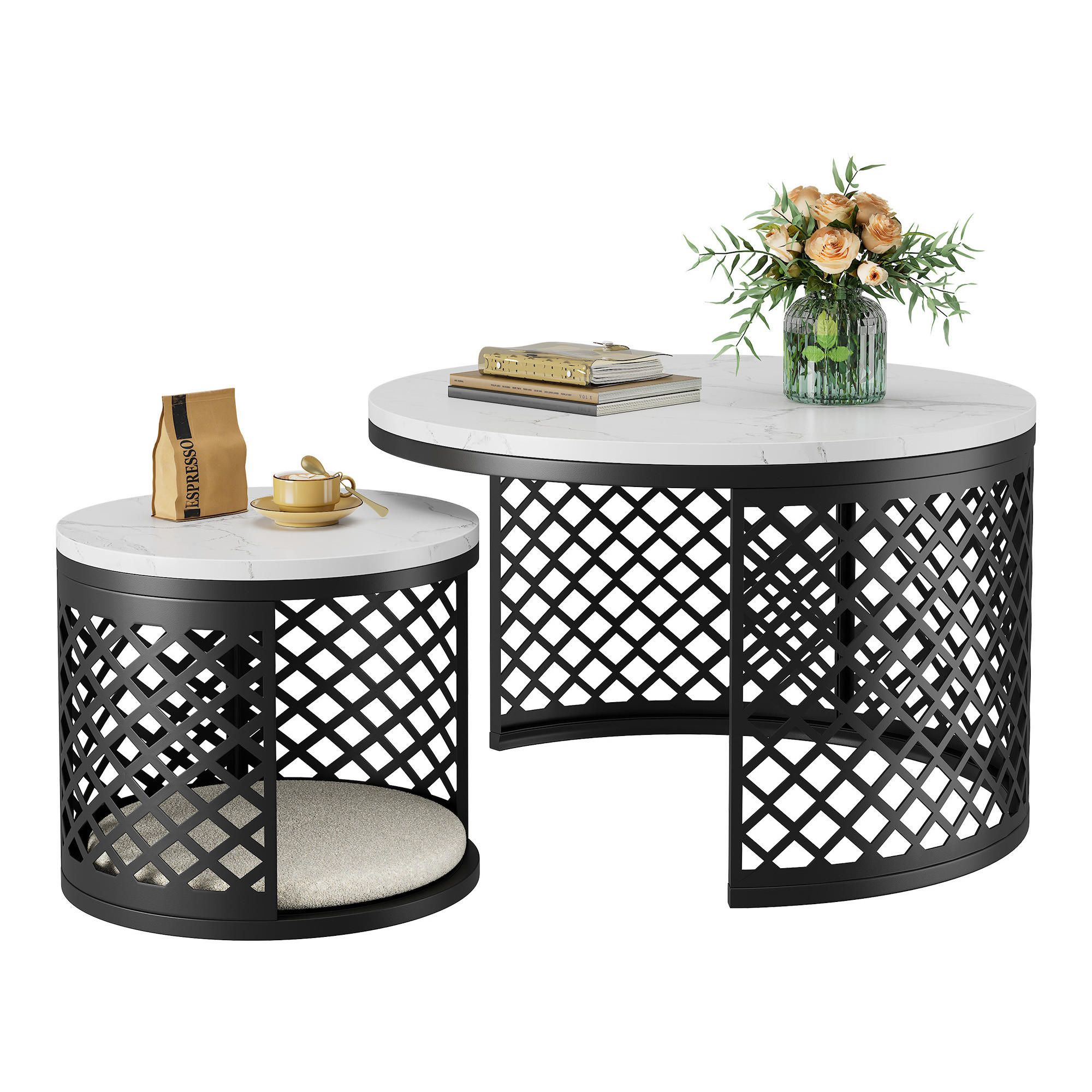 COUCHTISCH 2-teiliges Set Nesting Satztisch ⌀70x45 cm + ⌀45x35 cm Weiß und Schwarz Kontrastfarbendesign - Weiß, Holzwerkstoff (70/70/45cm) - Flora Grace