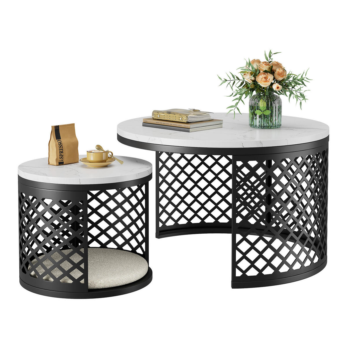 COUCHTISCH 2er Set 70/70/45 cm in Weiß und Schwarz aus MDF mit Haustierbereich - Schwarz/Weiß, Holzwerkstoff/Metall (70/70/45cm) - CHICFURN