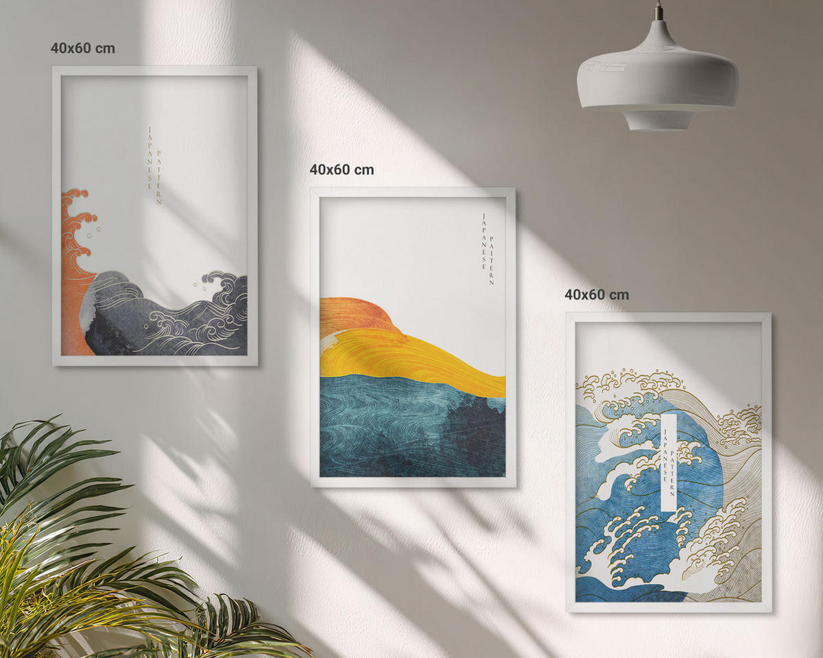BILDER SET 3er Set - 40x60 cm Weißer Rahmen - Wellen des japanischen Grafikstils - Weiß, Kunststoff (40/60cm) - TULUP